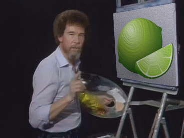 bob ross standing in front of easel painting lime emoji with words believe that you can do it