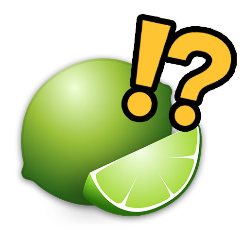 lime emoji on transparent background with exclamation point and question mark above it